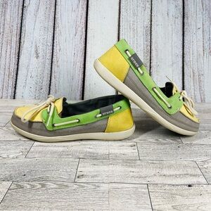 Crocs Shoes Womens 8 Gray Yellow Green Boat Deck Pool Canvas Loafers Lace Up